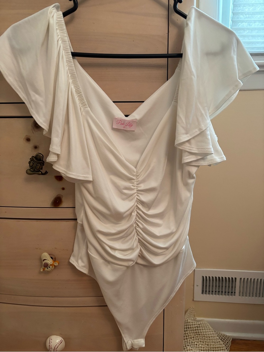Ruched White Bodysuit with Flutter Sleeves